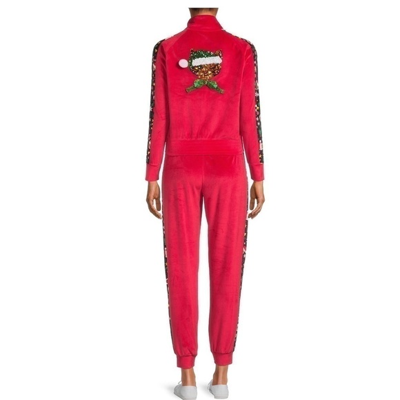 Cat Print Velour Christmas Track Suit NWT 3X Red Sequin Jacket Pants Full Zip - Picture 2 of 12